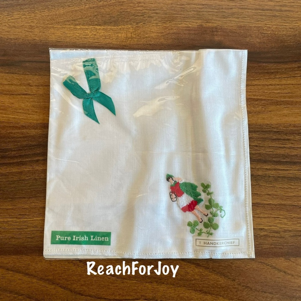 Vintage Pure Irish Linen Handkerchief Embroidered Woman Design Green White